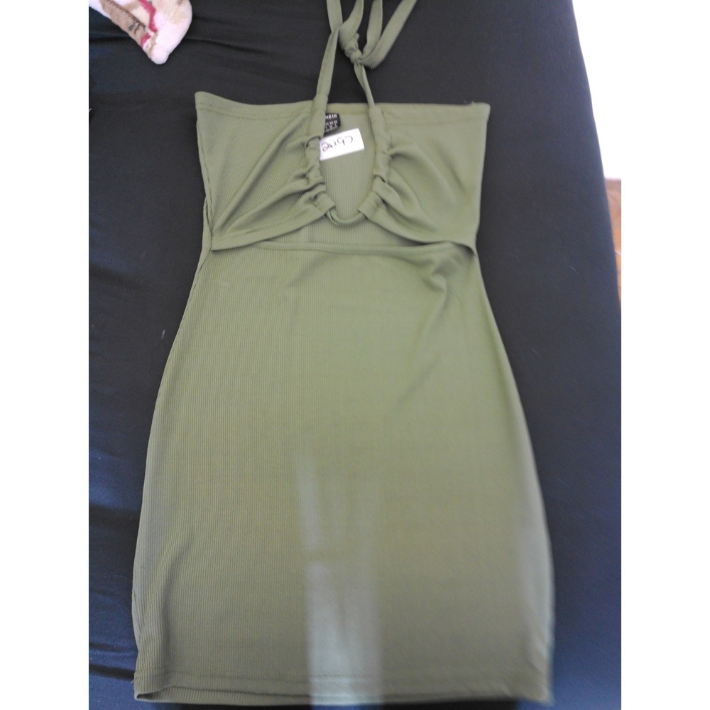 SHEIN Ribbed Halter Mini Dress Womens Small Olive Green Cutout Bodycon Y2K